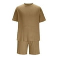 thumbnail image 5 of YLSDY Men's 2 Pieces Outfits Knitted Ribbed Cotton Tracksuits Sets Short Sleeve Crewneck T-Shirts and Shorts with Pockets Coffee L, 5 of 6