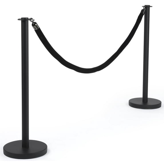 Displays2go Black Crowd Barriers, Steel Construction, Velvet Rope – Black (RPSTFBCBLK)