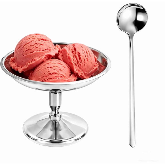 Stainless Steel Ice Cream Bowls, Mini Dessert Cup with Spoon, Small Footed Dessert Serving Bowl Trifle Bowl with Pedestal for Fruit Pudding Snack Nut Yogurt Party Favors, Silver