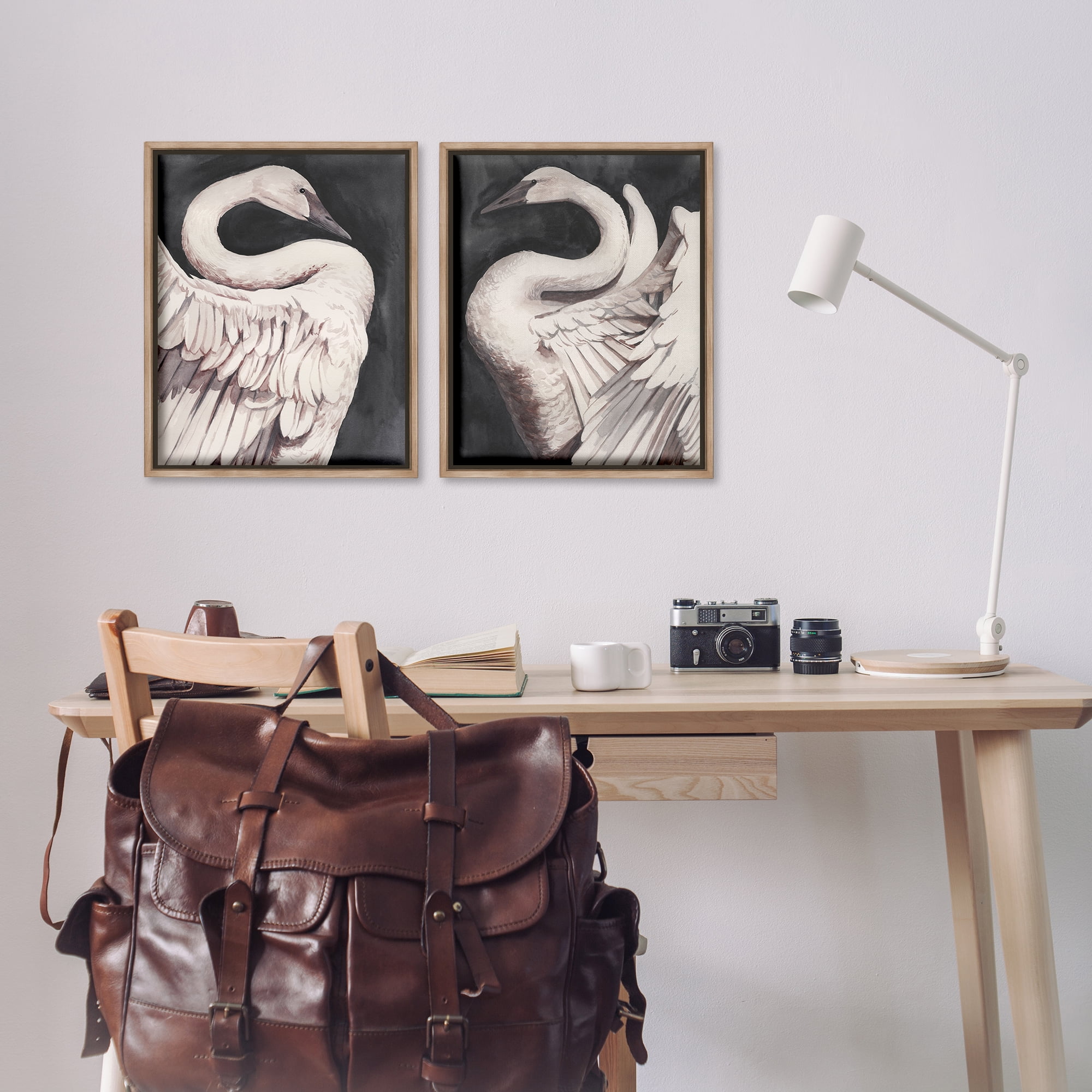 Stupell Industries Swans Taking Flight Animals Painting Brown Floater Framed Canvas Art Print Wall Art, 17 x 21, Set of 2
