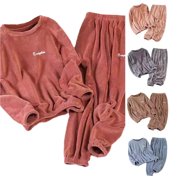 WERYOUNG Winter Plus Size Thickened Flannel Pajamas For Women Long Sleeve Crewneck Tops And Loose Pants Soft Cozy 2 Piece Sleepwear Loungewear Sets Stylish Homewear L