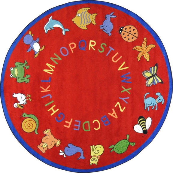 Joy Carpets Kid Essentials ABC Animals 7'7" Round Area Rug in Color Red
