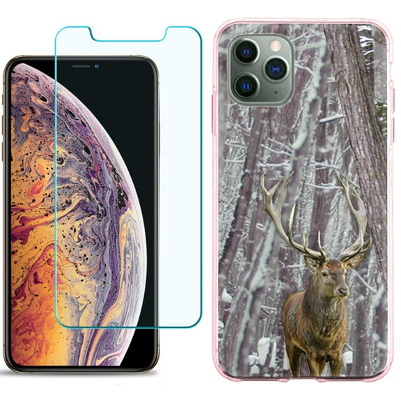 For Apple iPhone 11 PRO Case, Slim-Fit TPU Protective Phone Case (Pink Bezel) with Tempered Glass Screen Protector, by OneToughShield ® - Deer/Snow/Camo