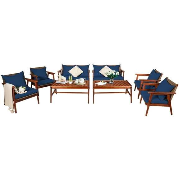 Patiojoy 8PCS Patio Outdoor Rattan Furniture Set Acacia Wood Frame Conversation Set w/Coffee Table Navy