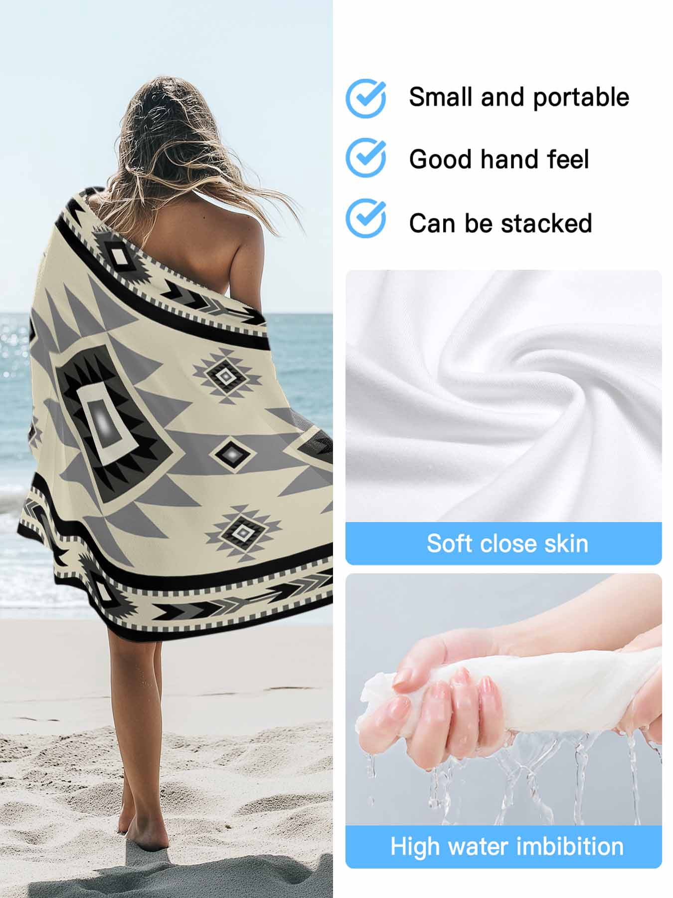 Boho Southwest Beach Towels Blanket Soft & Absorbent Quick Dry Microfiber Aztec Tribal Retro Geometric Patterns Pool Towels for Swimming ,Yoga, Sports, Gym, Camping,Large 30X60in, Gray