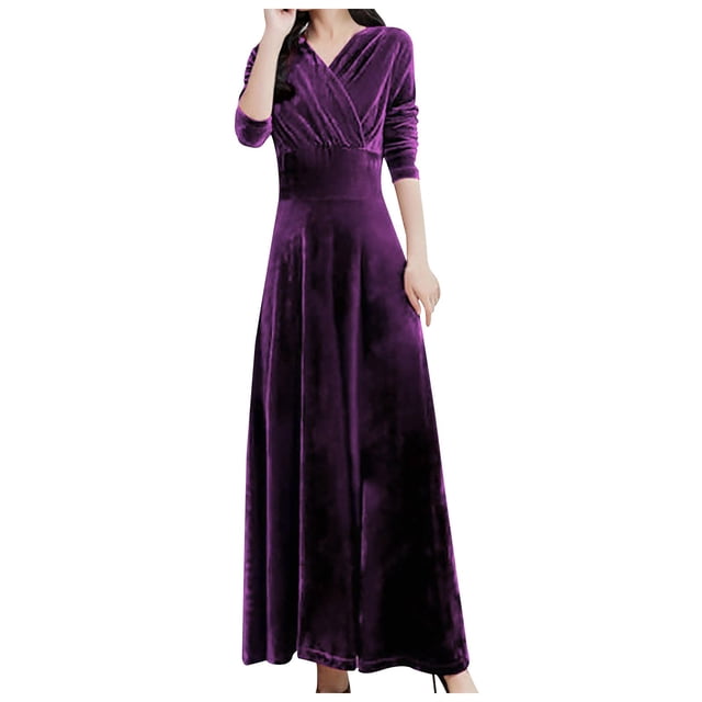 Vestido largo de terciopelo de manga larga para mujer - Vestido largo ajustado de corte A para fiestas de invierno, tallas M-XXXXL