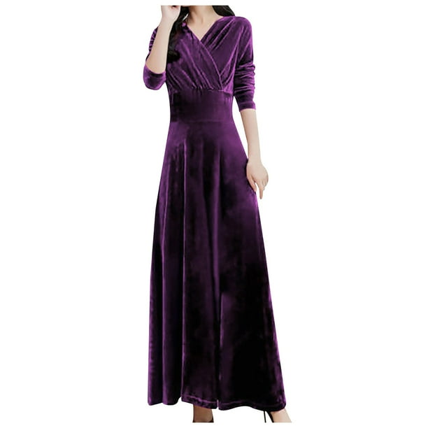 Vestido largo de terciopelo de manga larga para mujer - Vestido largo ajustado de corte A para fiestas de invierno, tallas M-XXXXL