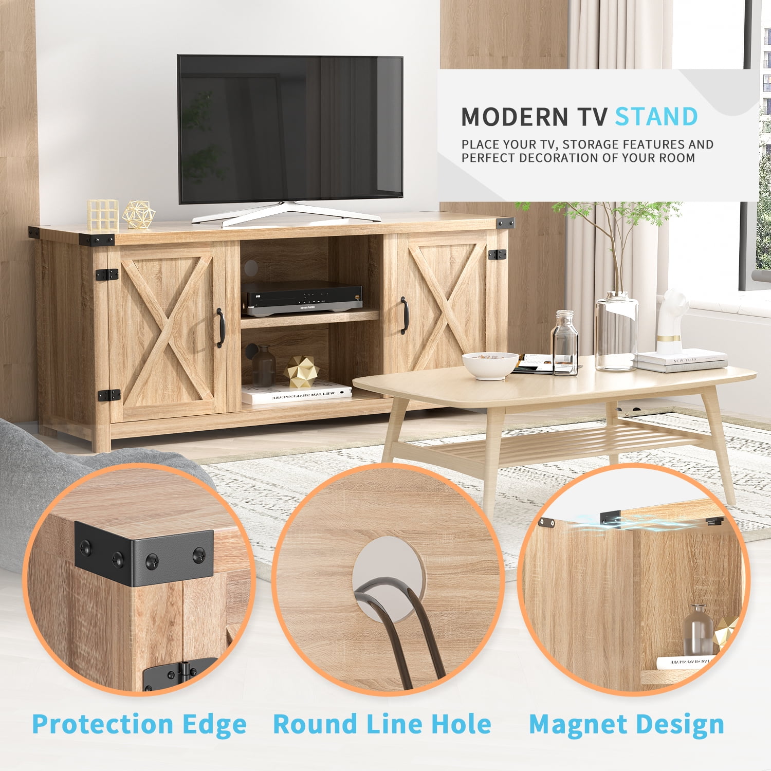 "Homall Furniture Wood Center Modern Console Style Farmhouse TV Stand Rustic Barn TwoDoor Cabinet for TVs up to 65"", Oak"  (图2)