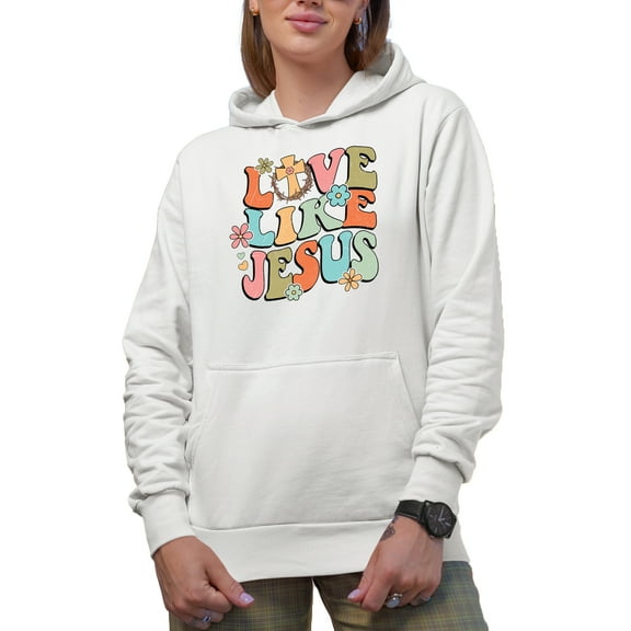 Distressed Love Like Jesus - Retro Wavy Text Art Merch Gift, White Hooded Sweatshirt or Hoodie, Small