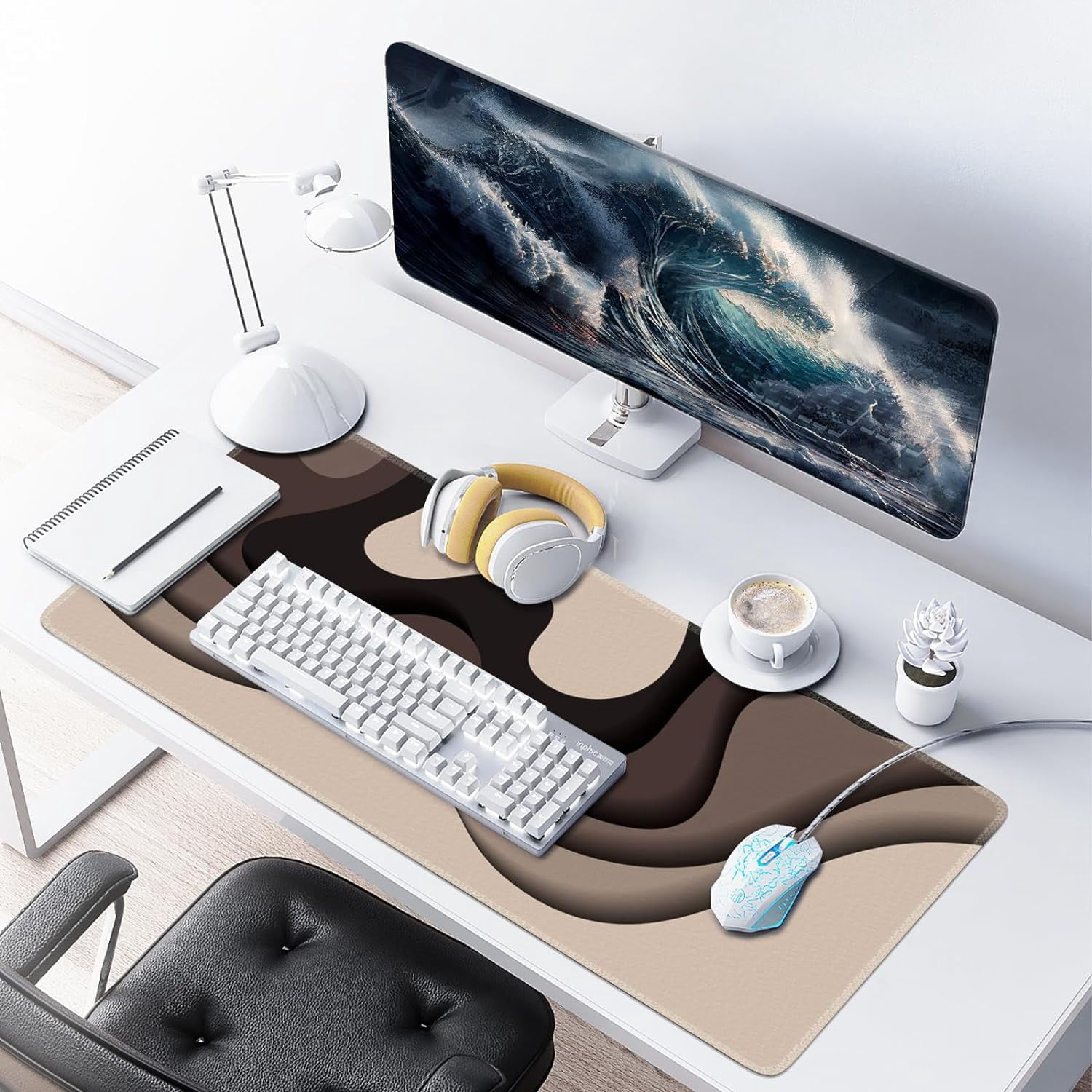 Topographic Mouse Pad, Gaming Mouse Pad, Extended Desk Pad 35.4x15.75in XXL Mouse Pad with Non-Slip Rubber Base, Abstract Mice Pad Desk Mat, Tan