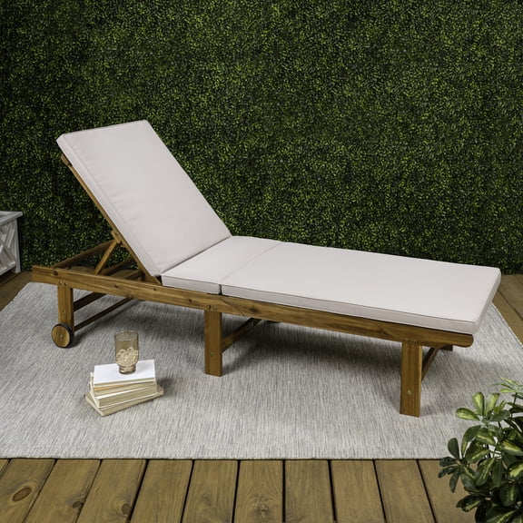 JONATHAN Y Mallorca Acacia Wood Outdoor Chaise Lounge Chair, Contemporary 5-Position Recliner with Wheels and Cushion for Patio, Poolside, 23.62" x 77.17", Teak Brown/Beige LNG1102A