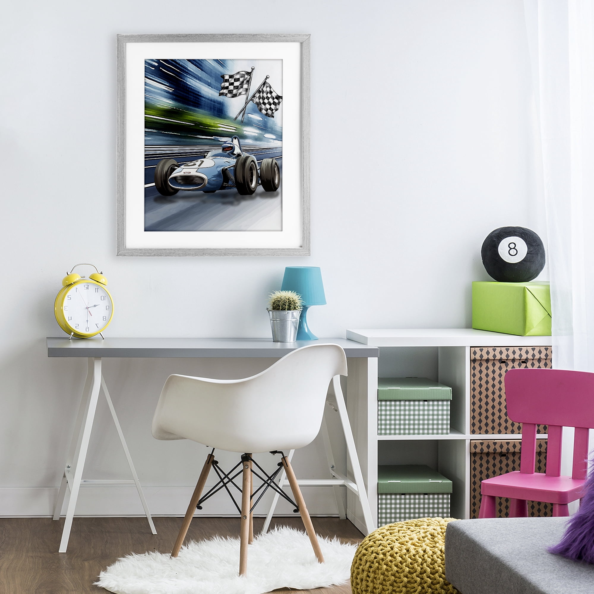 Stupell Industries Speedy Racecar with Flags Gray Framed Print Under Glass, design by Christine Simpson Art