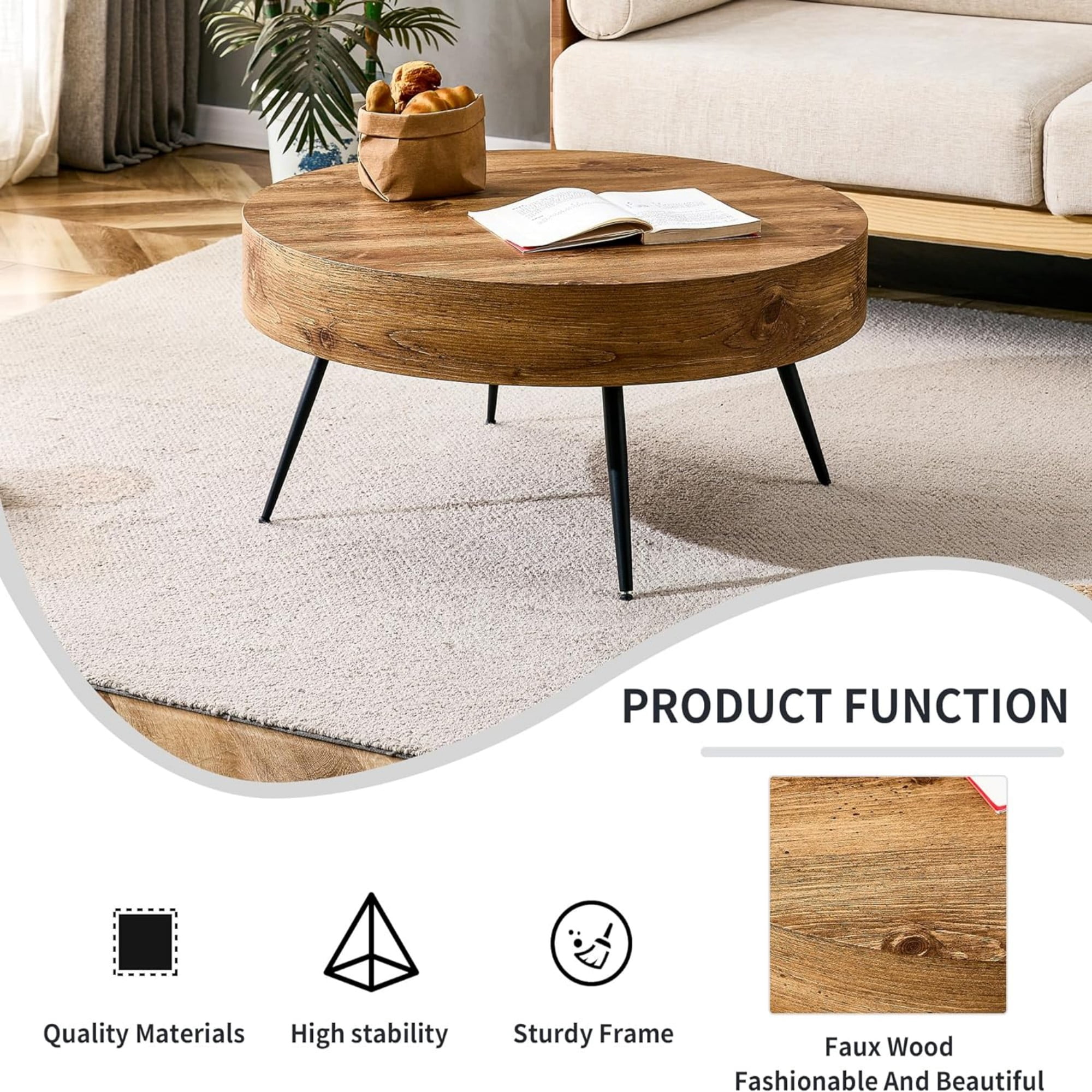 SUDICA 31.5 in Round Coffee Table, Rustic Wood Grain Finish with Black Metal Legs for Living Room