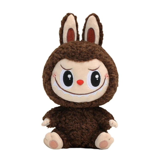 lindo labubu peluche juguete encantador personaje de dibujos animados muñeco de peluche relleno regalo para niños-n peluche marrón de 20 cm, vista frontal centrada de un muñeco sentado con capucha y orejas largas; cara bordada con ojos grandes, nariz roja y sonrisa dentada, cuerpo de felpa rizada y manos y pies en tela suave; peluche suave ideal como regalo o adorno para cuarto infantil.