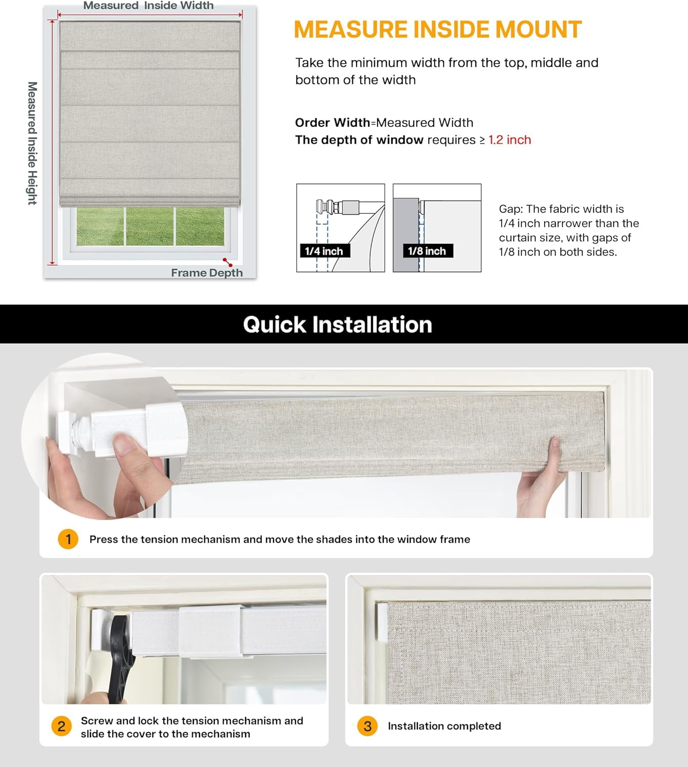 LazBlinds No Drill Roman Shades for Windows, Cordless Blackout Window Shades with UV Protection, Polyester Fabric for Bedroom & Living Room, 20"W x 64"H, Natural