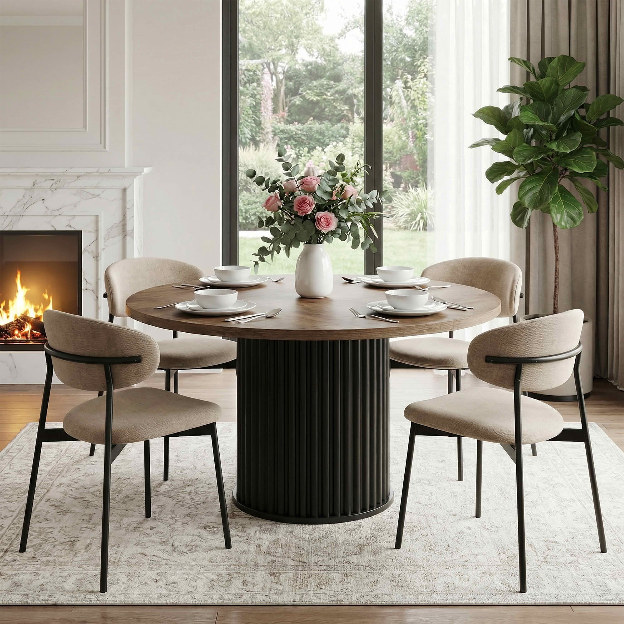 MAYEERTY 47.24" Mid-Century Round Dining Table, Black Textured MDF Top Fluted Metal Base, Seats 6 with Adjustable Anti-Slip Foot Pads