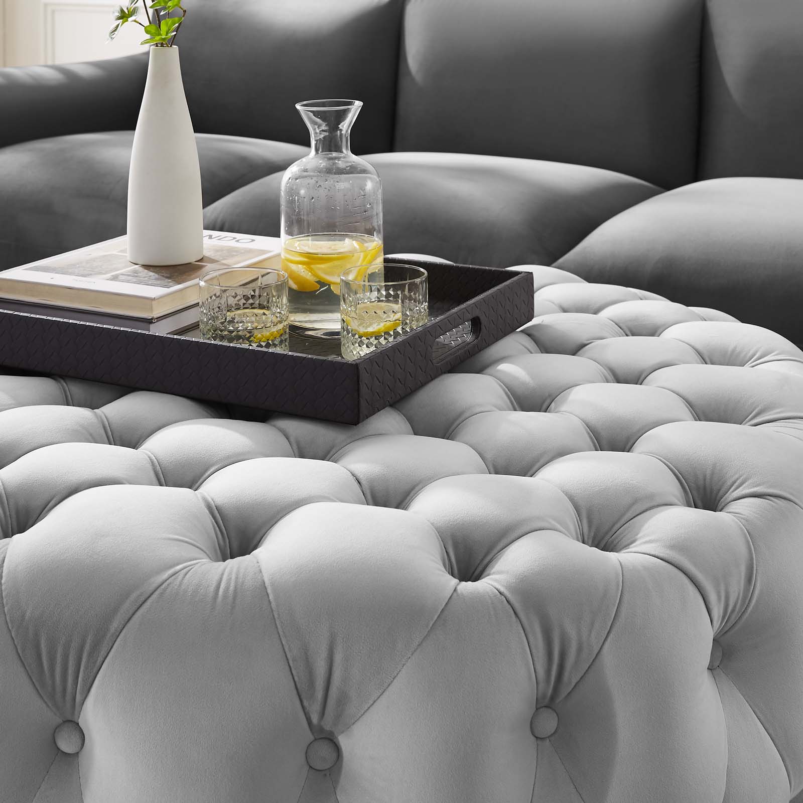 Modway Amour Tufted Button Large Round Performance Velvet Ottoman in Light Gray