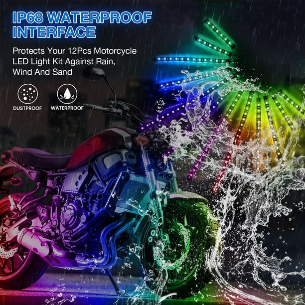 12 Pcs Moto LED Light Kit Étanche Multi Couleur Underglow Néon Bandes Moto  LED Lumière Lampe avec Télécommande Sans Fil 
