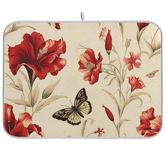 Lily Flowers Butterfly Dish Drying Mat Microfiber Kitchen Pad Large Counter Absorbent Dish Mats Drainer Rack 18"x24"