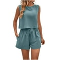thumbnail image 3 of UVEASISHA Boho Summer Outfits for Women 2 Piece Cotton Linen Sets Sleeveless Cropped Tank Tops and Wide Leg Shorts Set Blue L, 3 of 6