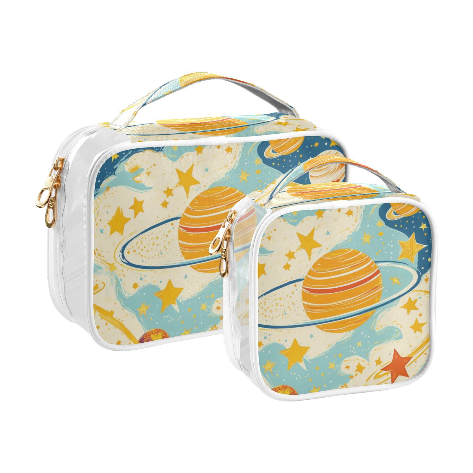 Clear Makeup Bags with Handle Large Opening 2 Pack Set Toiletry Bag Quart Size Bag, for Women Man Traveling Travel Essentials, Toiletries and Other. Planet Sketch
