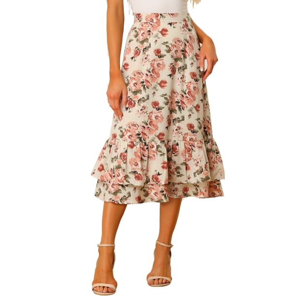 Falmidi fluicon dobladillo con volantes escalonados y cintuelástiestampapamujer Beige Rosa-floral S