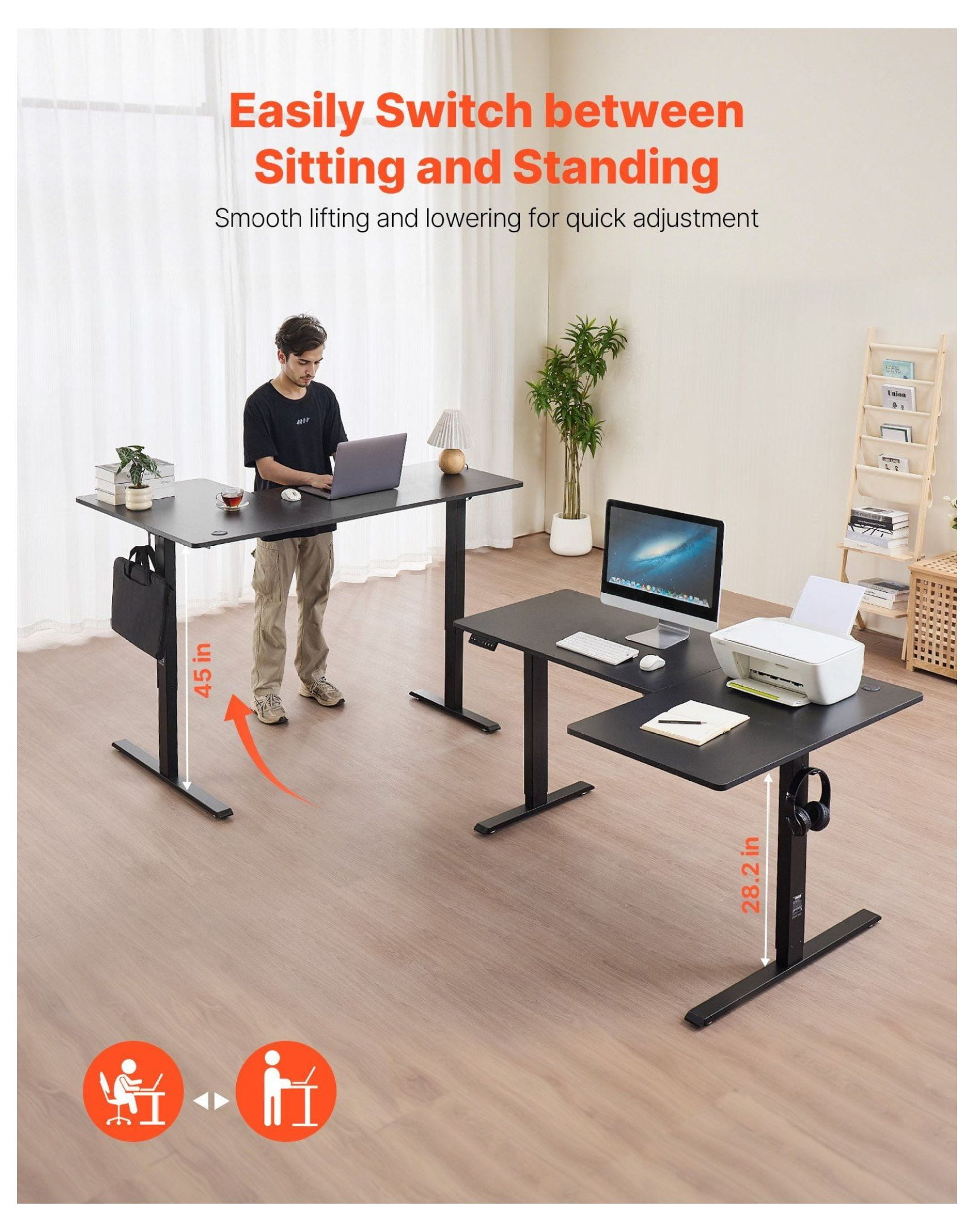 L Shaped Desk Electric Adjustable Height Corner Gaming Desk with Hooks - 63x39.37in Standing Desk Converter for Home Office, Dual Motor, Sit-Stand
