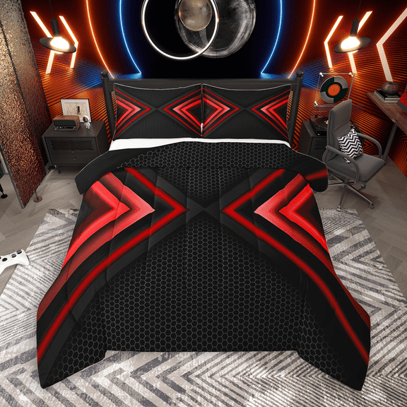 Manfei Geometric Triangle Bedding Comforter Set 2pcs, Black Red Twin Comforter Sets, Neon Red Lights Bedding Set, Microfiber Bedroom Decor
