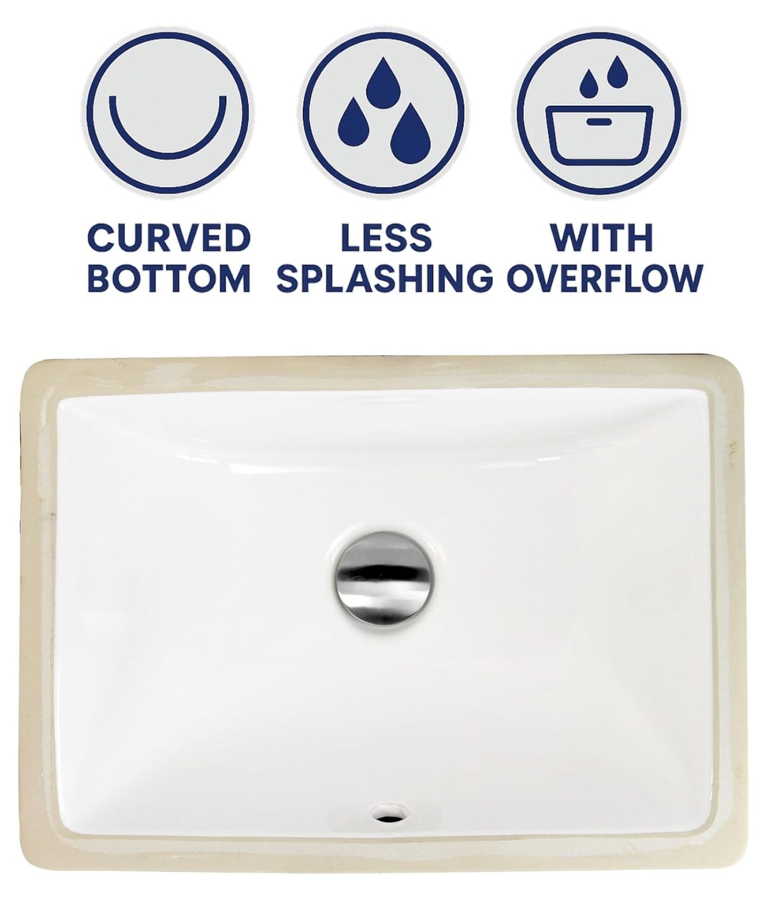 UM-16x11-W, White Undermount Bathroom Sink – 16" x 11" Bath Vanity Sink, Rectangular Bowl, w Overflow, High Gloss White Vitreous China, Scratch & Stain Resistant – Great Point