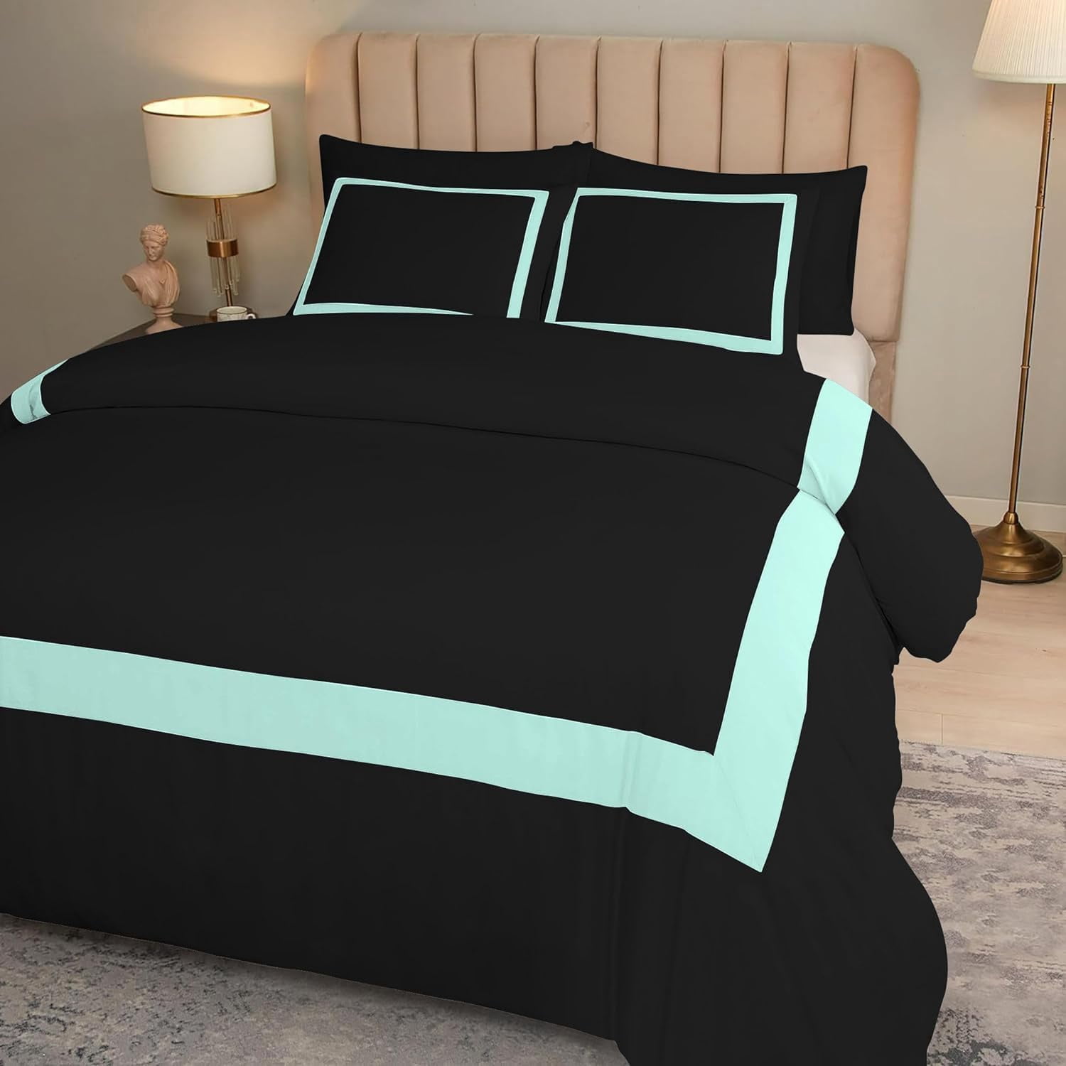 DNG Creations 5 Piece Full Black And Auqa Blue Border Line Pattern Duvet Cover - 100% Egyptian Cotton, 800 Thread Count ( California King )