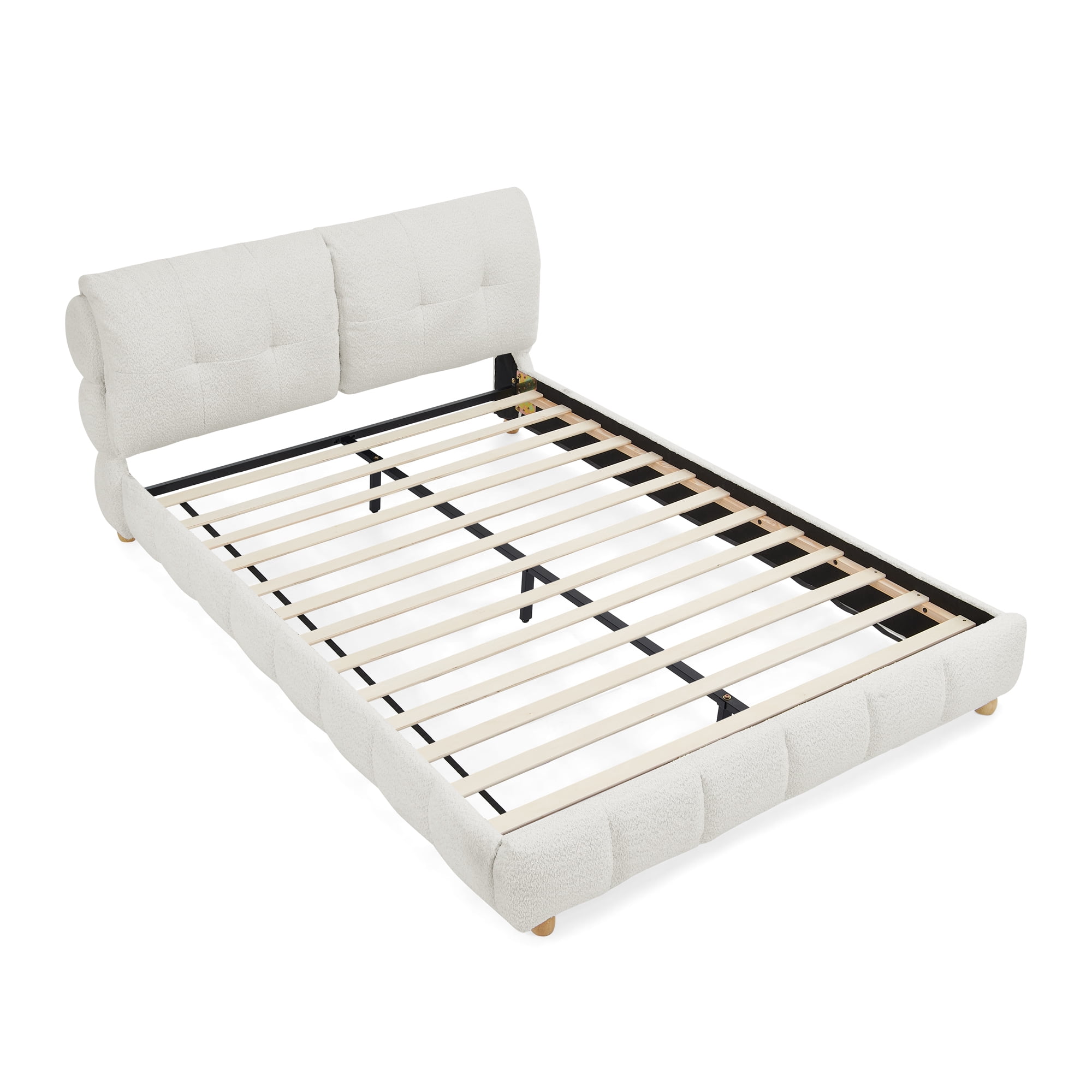 Queen Size Bouclé Fabric Platform Bed, Soft Cloud-Like Upholstered Frame, No Box Spring Needed