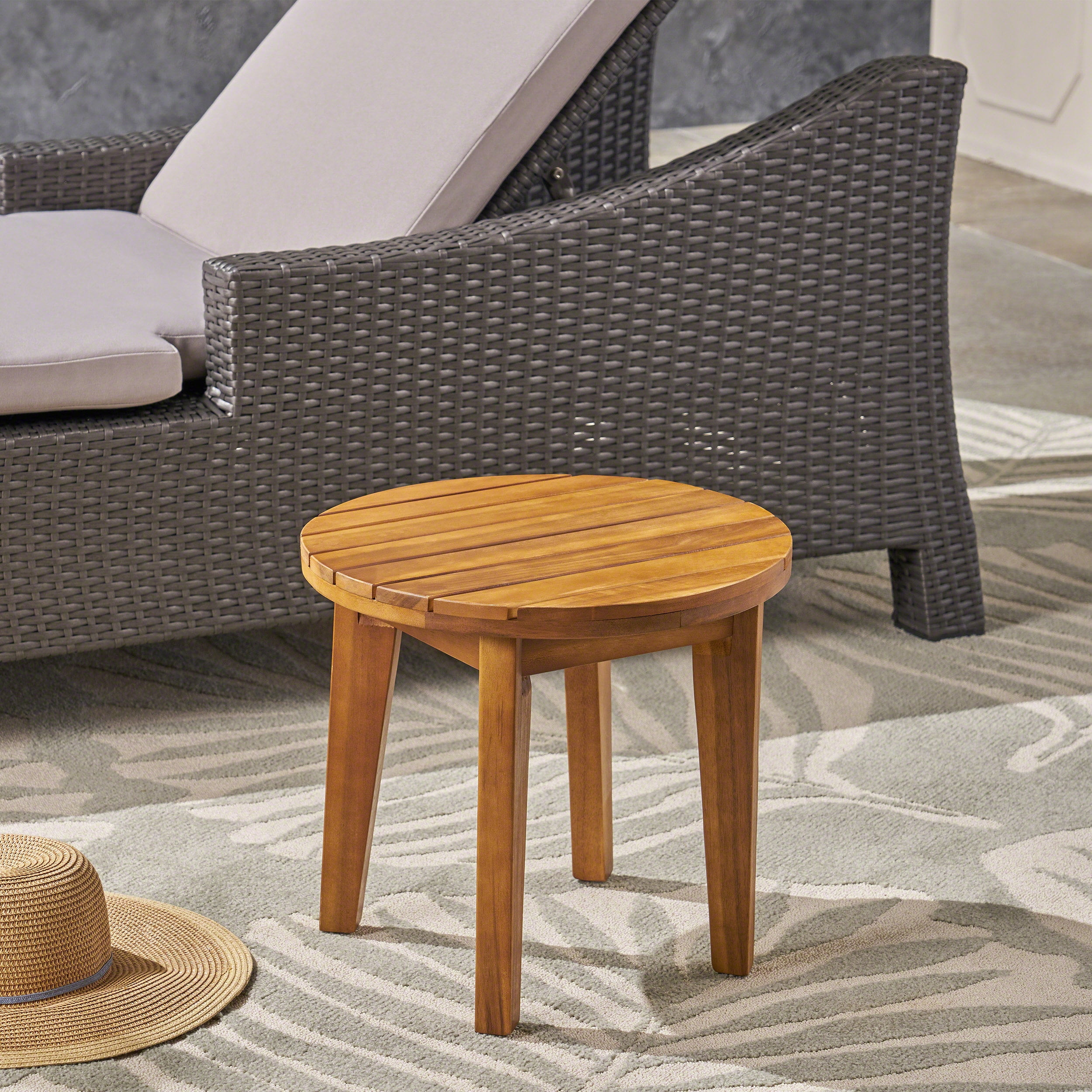 16 Inch Outdoor Acacia Wood Side Table with Teak Finish, Rustic Slat Top Patio End Table, Weather Resistant Solid Wood Side Table for Backyard Garden Porch