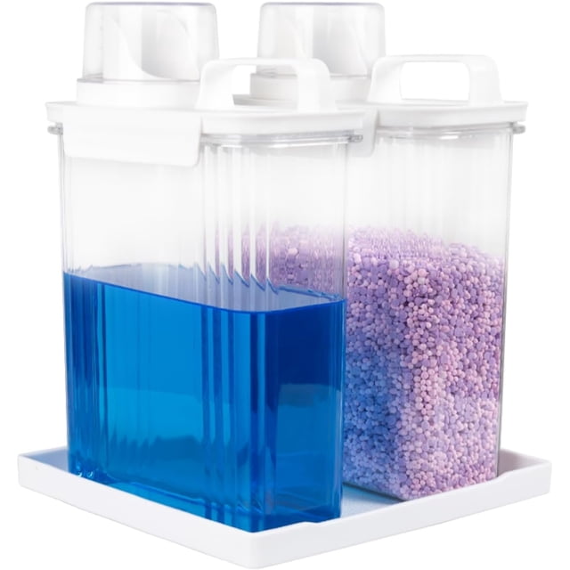68oz Laundry Detergent Container, 2 Pack Plastic Liquid Detergent Dispenser for Laundry Room Powder,Soap,Fabric Softener, Scent Beads Storage and Organization,with 5 Labels,1 Tray.(2, 68oz)
