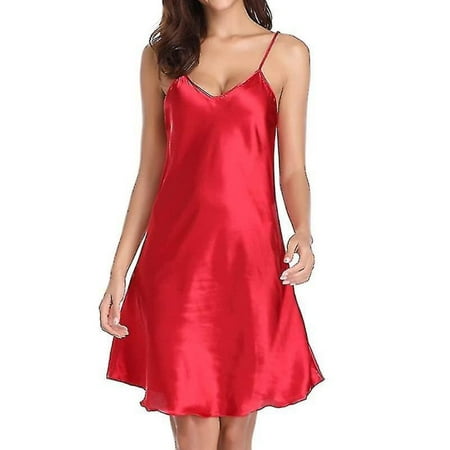 

Women Negligees Satin Nightdress Spaghetti Strap Chemises Slip V Neck Sleepwear Nightgown Wine Red