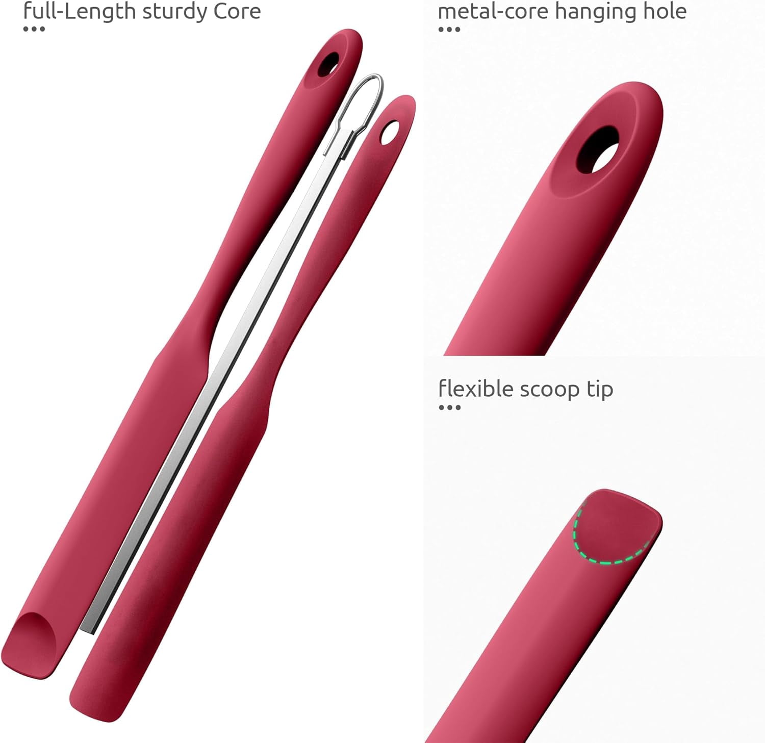 2 Piece Skinny Silicone Jar Spatula Kitchen Tweezer Set 600F Heat Resistant 10 Inch Round Tip Red