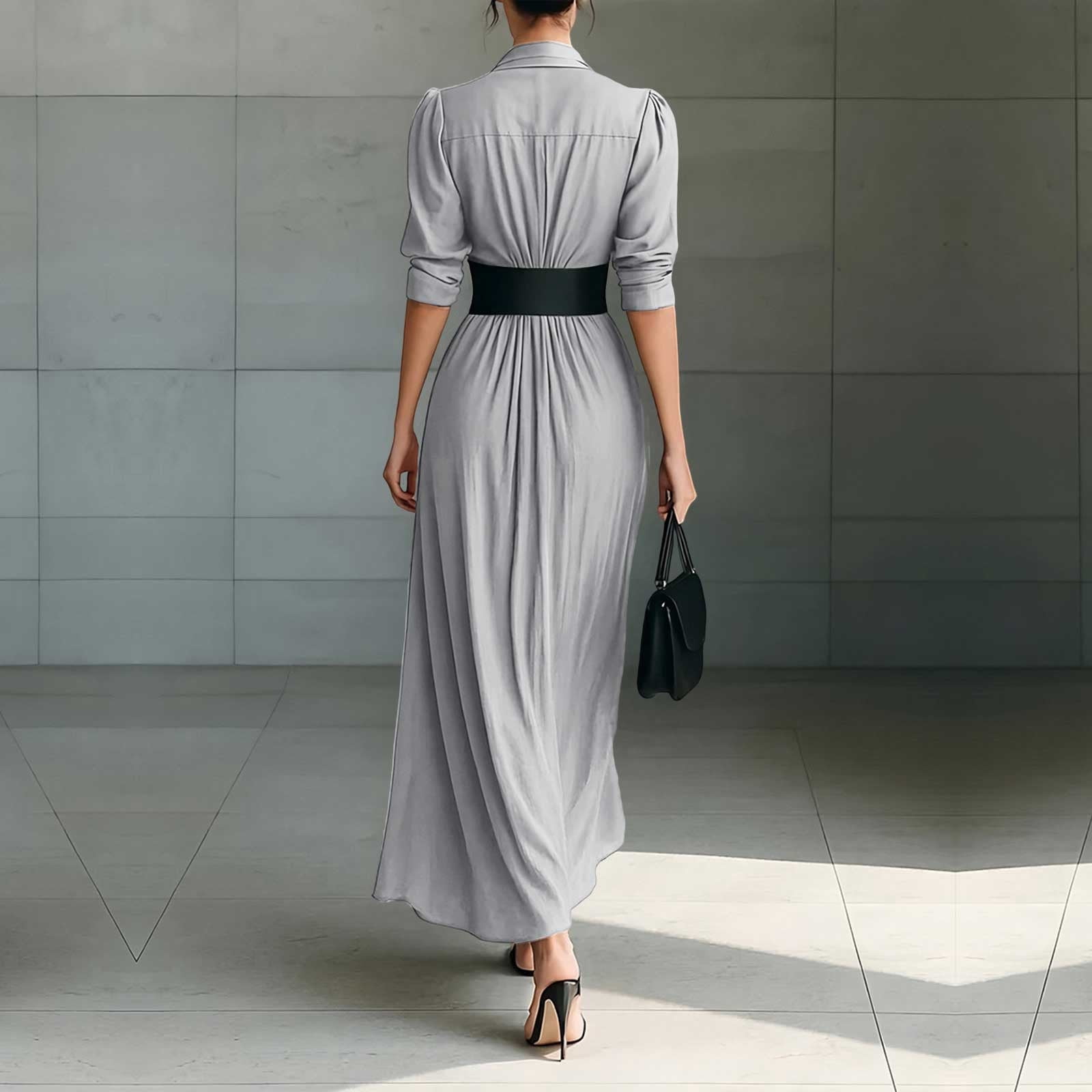 YueHuiYing Women's Single Breasted Shirt Lapel Elegant Belt Slim Fit Pleated Long Sleeves Solid Color Slit Party Dress
