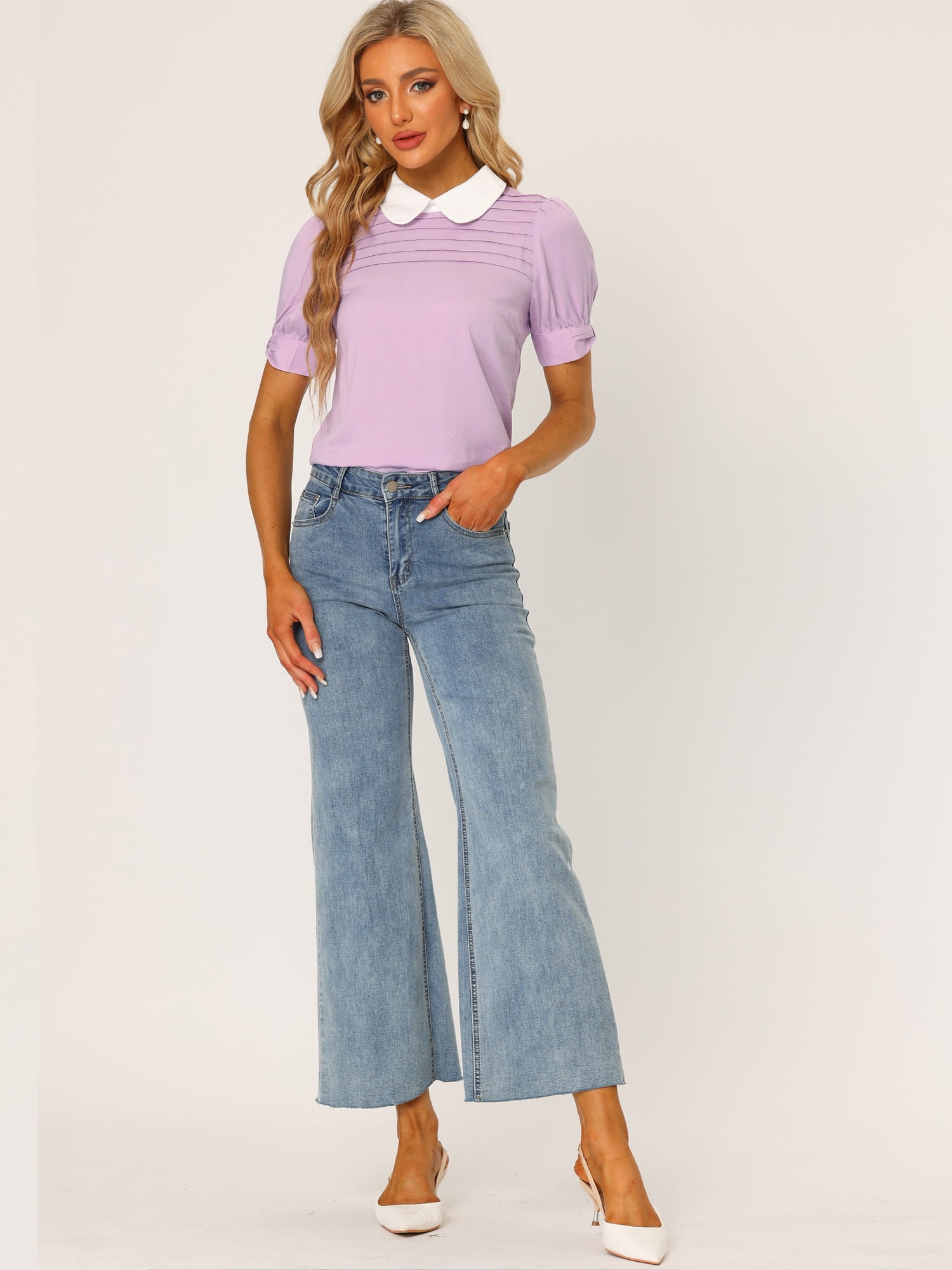 DARING DIVA Peter Pan Collar Contrast Puff Blouse Top S Light Purple