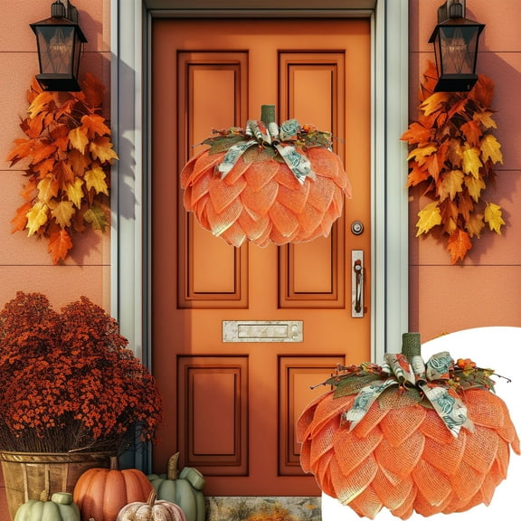 Farmhouse Pumpkin Wreath with Burlap & Bows - Handmade Autumn Halloween Door Wreath with Berries Decor, Fall Garland for Thanksgiving, Indoor Outdoor Halloween Decor