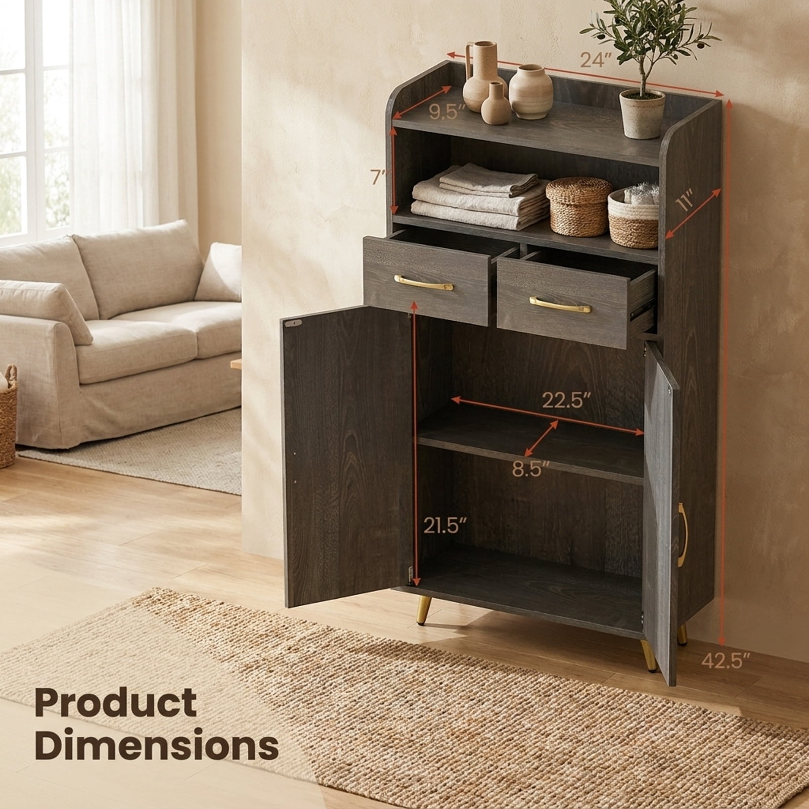 Vebreda Freestanding Bathroom Storage Cabinet, Bathroom Storage Cabinet Freestanding Floor Cabinet with 2 Drawers, Complement Various Rooms