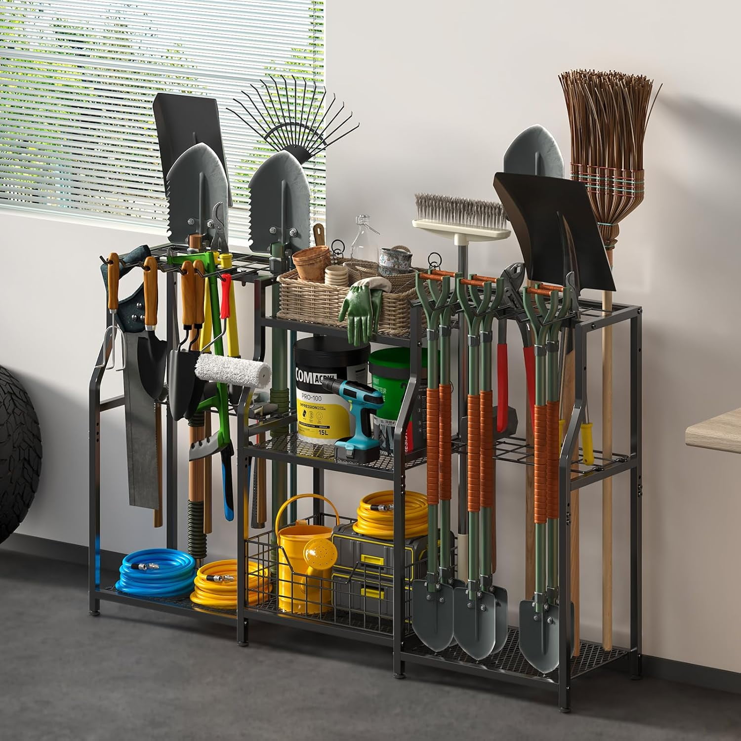 X-COSRACK Heavy Duty Garden Tool Organizer, 3-Tier Steel Yard Tool Rack Tower with Basket & Hooks, Garage Storage for Shed, Black