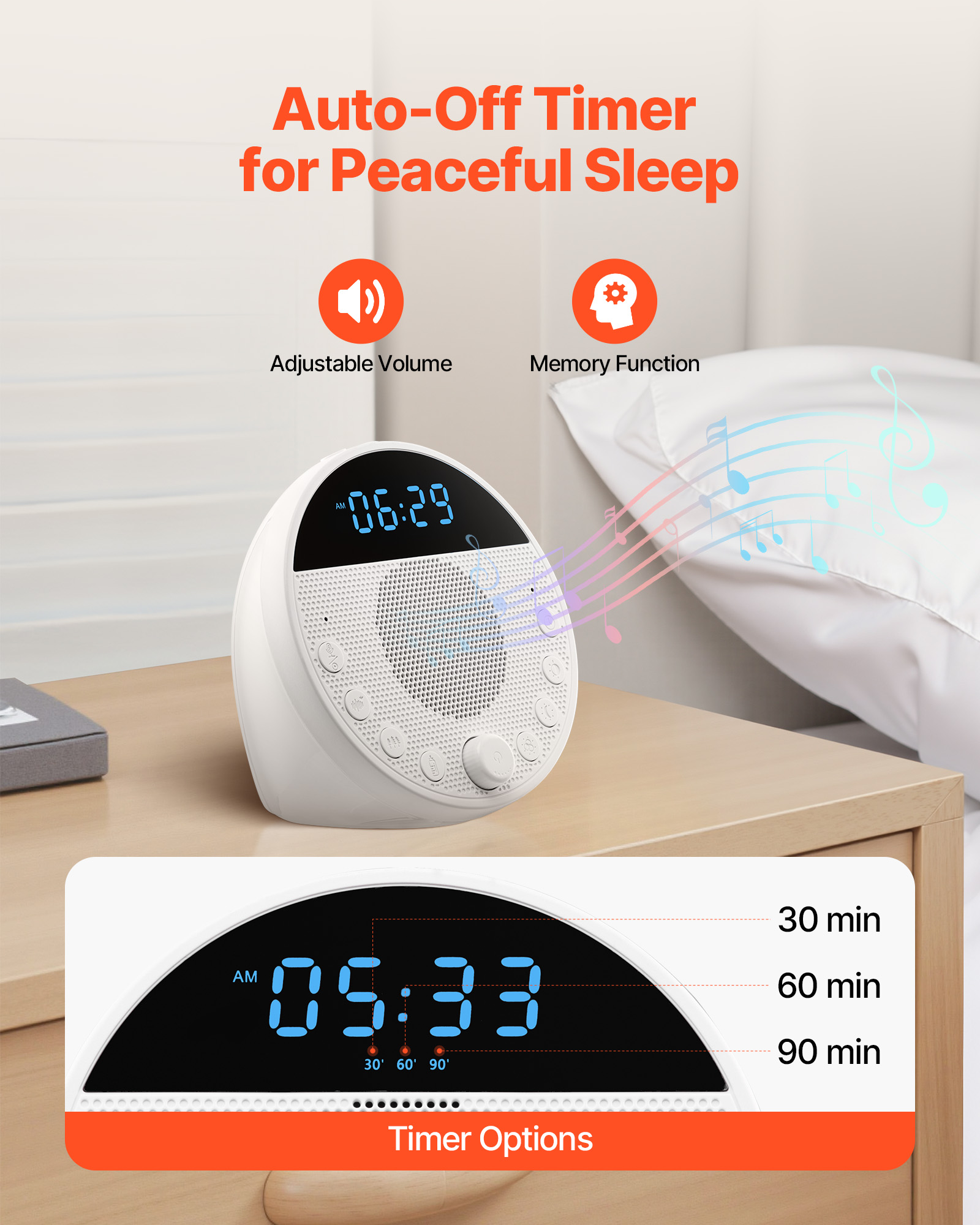VEVOR Sound Machine, 18 Soothing Sleep Sounds and 7-Color Night Light, 5-in-1 White Noise Sound Machine with Dual Alarms, Auto-Off Timer and Memory Function, for Baby, Adults, Home, Office & Travel