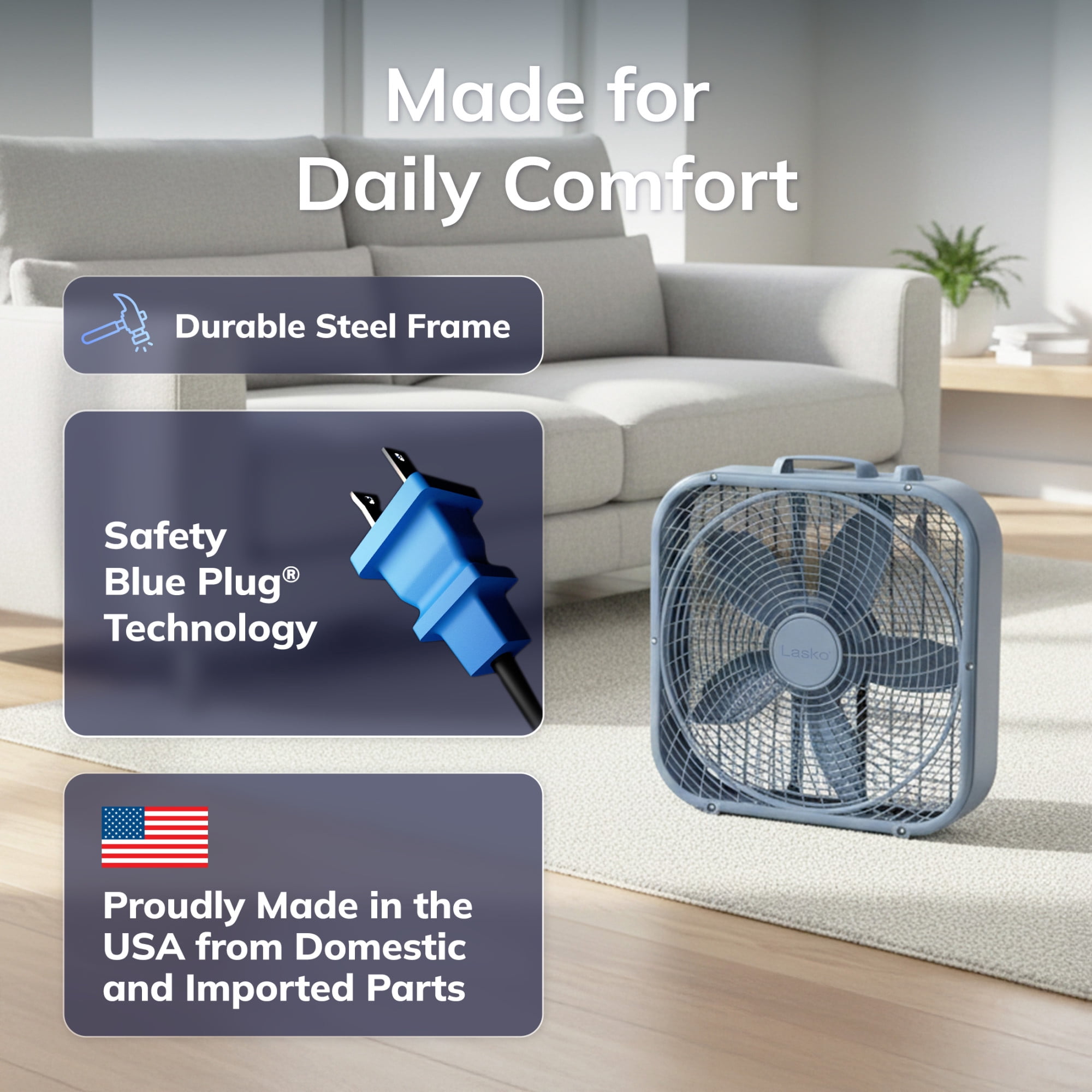 Lasko 20" Cool Colors Classic Box Fan with Weather-Resistant Motor, Portable Cooling Floor or Window Fan, 3 Speeds, Laguna Blue, B20312