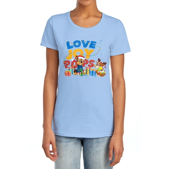 Paw Patrol Christmas Love and Joy with Chase and Rubble Women's T Shirt, Light Blue, Large