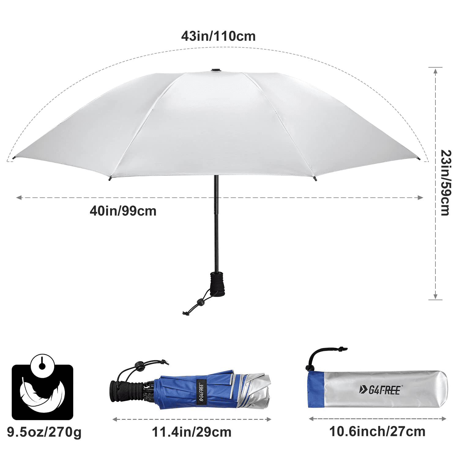 G4Free Liteflex Hiking Umbrella Mini Compact Ultralight Collapsible Reflective Silver Trekking Backpacking Umbrella