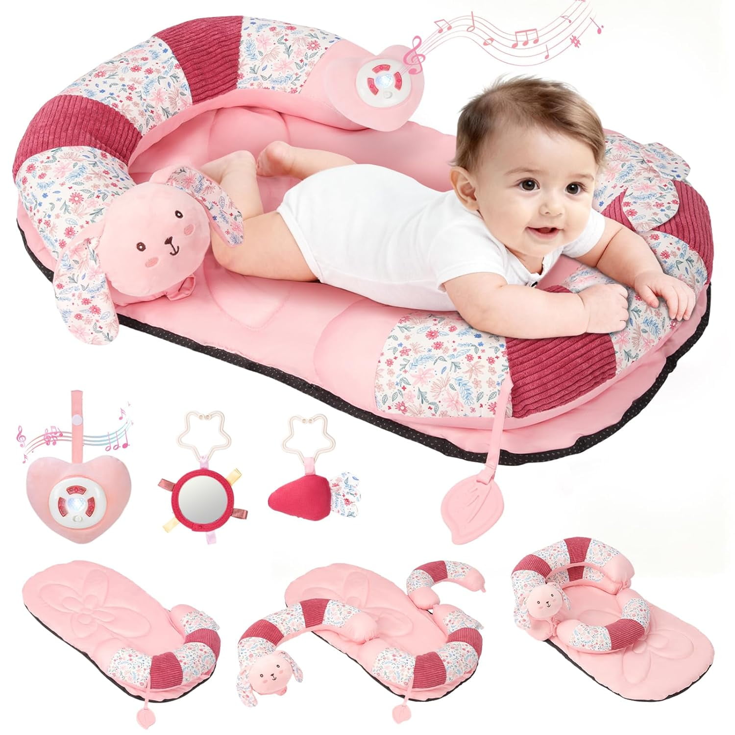 3in1 Tummy Time & Seat Support Baby Play Mat with 5 Sensory Toys, Baby Floor Crawling Mat for Sitting, Soft, Supportive, Essentials Development Gifts for Newborn Infant