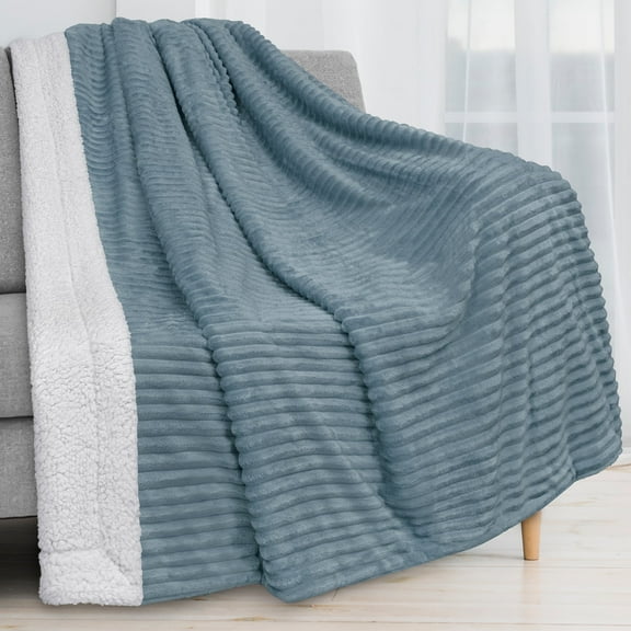 PAVILIA Reversible Sherpa Fleece Throw Blanket Slate Dusty Blue, Plush Flannel Throw, Ultra Soft Warm Ribbed Microfiber Blanket for Sofa Couch Bed, Luxury Thick Striped Blanket, Blue, 50x60