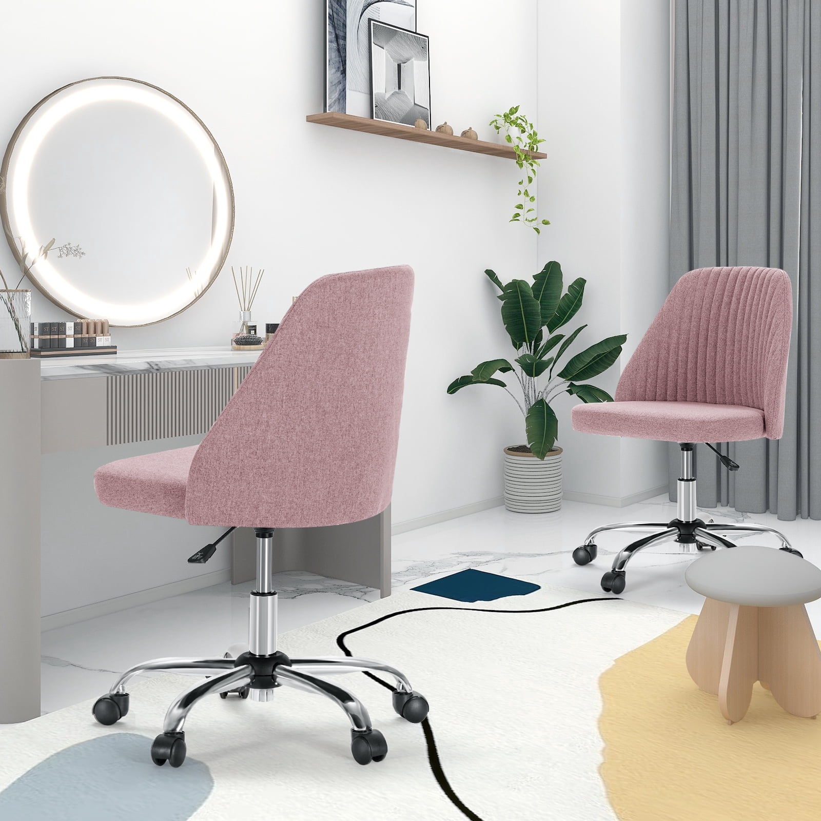 JOINSUN Mid-Back Vanity Chair, Adjustable Rolling Chair, Armless Modern Design for Home Office, Makeup & Small Spaces - Pink