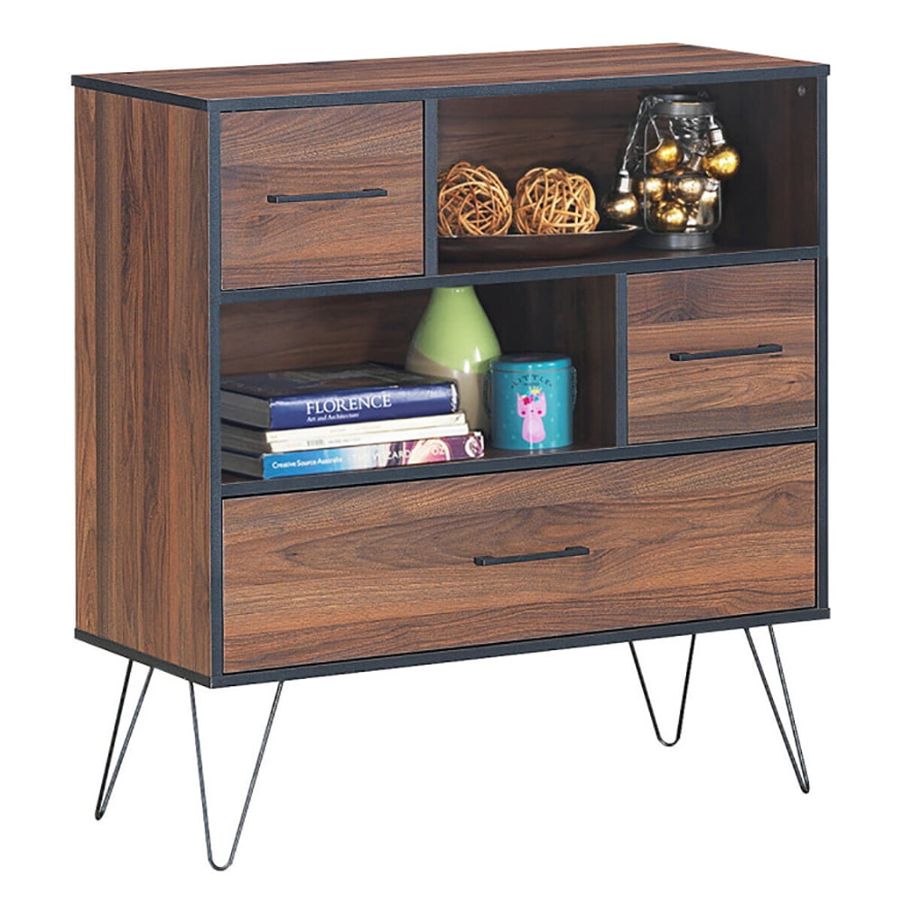 Finihen Storage Cabinet, 3-Tier Wood Storage Cabinet with Drawers and 4 Metal Legs, Cabinet for Living Room, Home, Office, Entryway, Brown