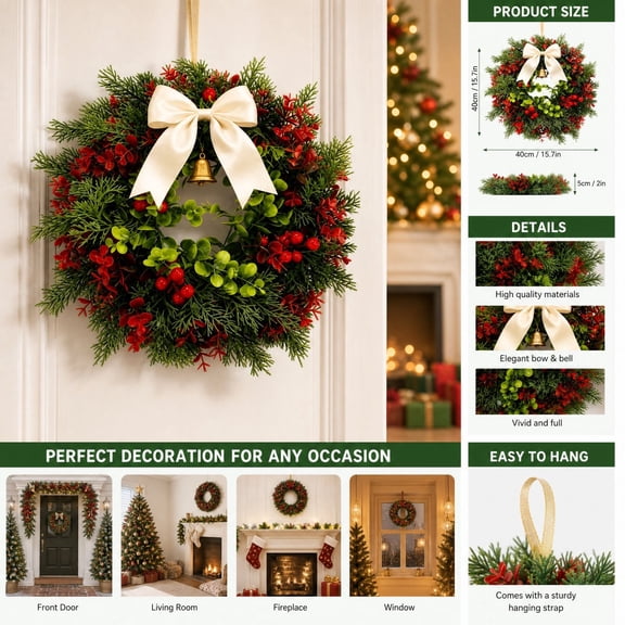 16 Inch Christmas Wreath for Front Door, Artificial Pine Wreath with Large White Bow and Red Berries, Classic Holiday Door Wall Window and Porch Decoration