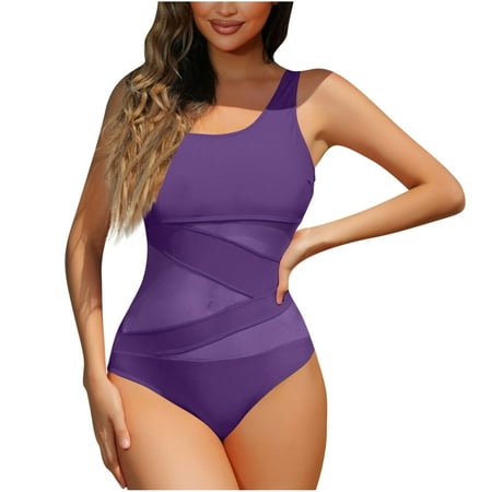 Yghzkop Womens Halter Neck Swimsuit Solid Color Sheer Mesh Built In Bra No Wire Sexy Backless Tummy Control Summer Bathing Suit One Piece